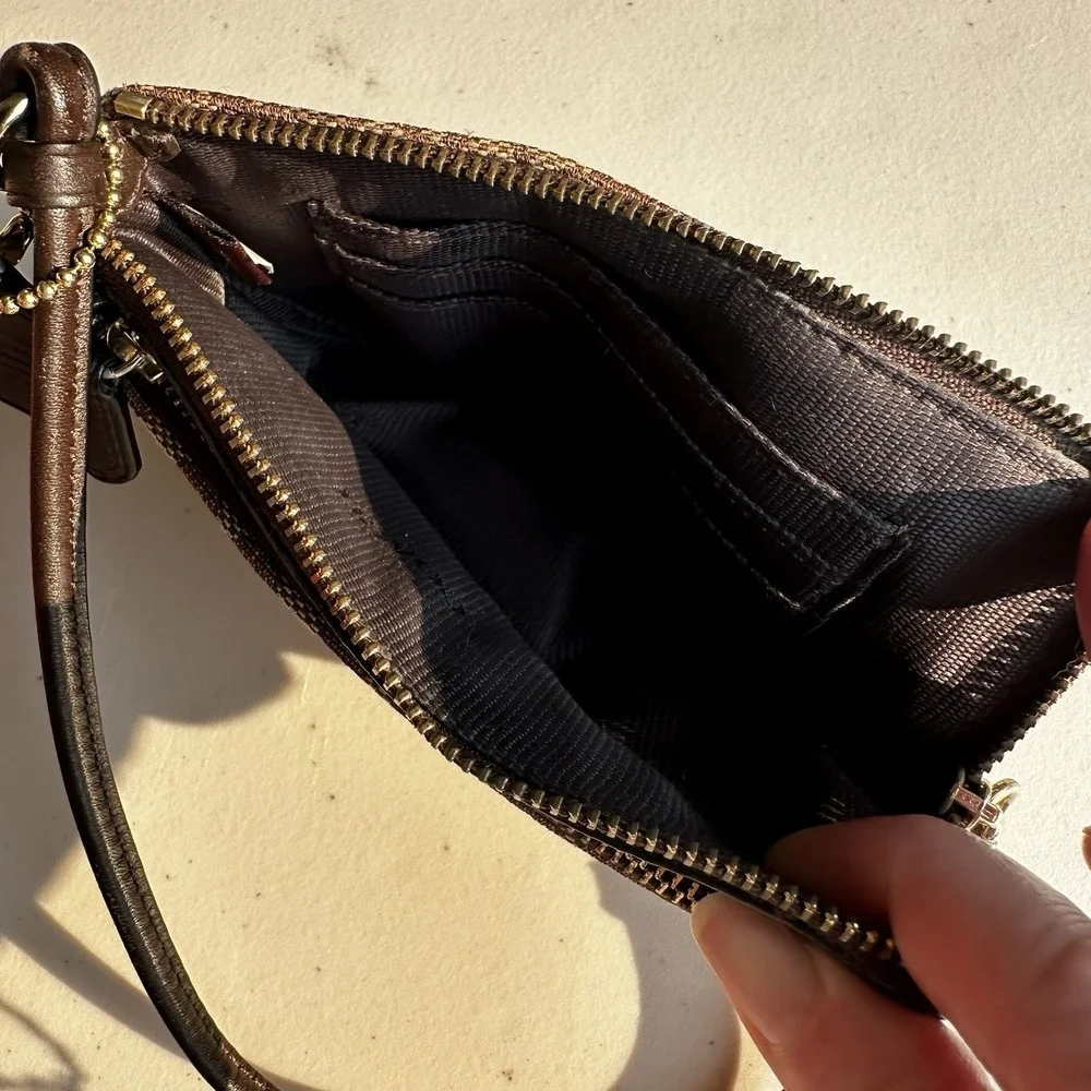 Coach Double Zip Signature Canvas Wristlet Wallet Pouch Brown Khaki EUC